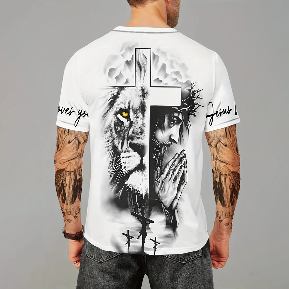 Men's Lion Praying Hands 3D Print T-Shirt I Love Jesus Cross Graphic Crew Neck Short Sleeve Casual Summer Quick Dry Tee Tops
