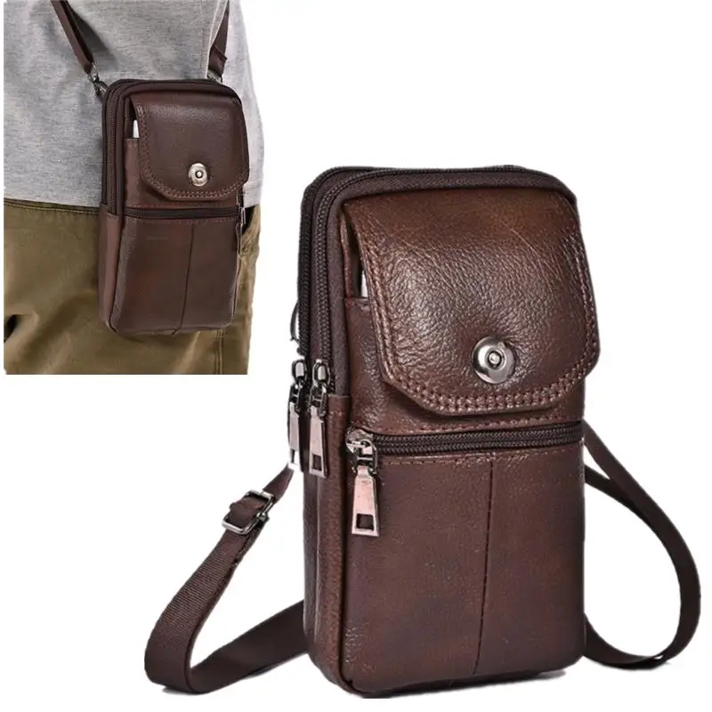 

2025 Men's Messenger Bag Cowhide Leather Bag Mobile Phone Pouch Men Wallet Small Travel Waist Bag Male Multi-Pockets Chest Bag