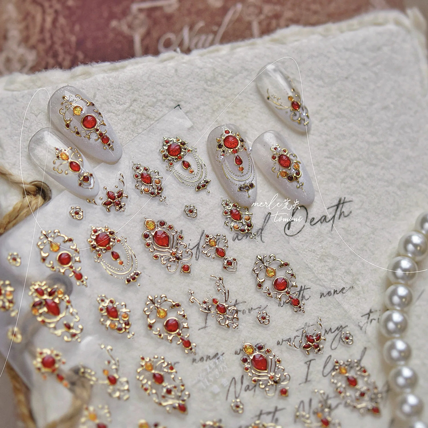 1pcs 5D Light Luxury Style Jelly Necklace Nail Art Accessories Sticker Gilded New Chinese-style Nail Sticker Adhesive Nail Decal