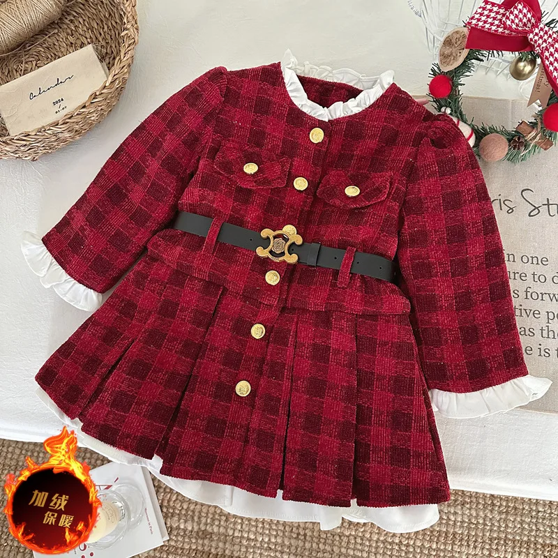 

2026 Christmas Girl's Plaid Dress Red Winter Elegant Long Sleeve Princess Dress for Toddler Kids Holiday Wear Gift for Daughter