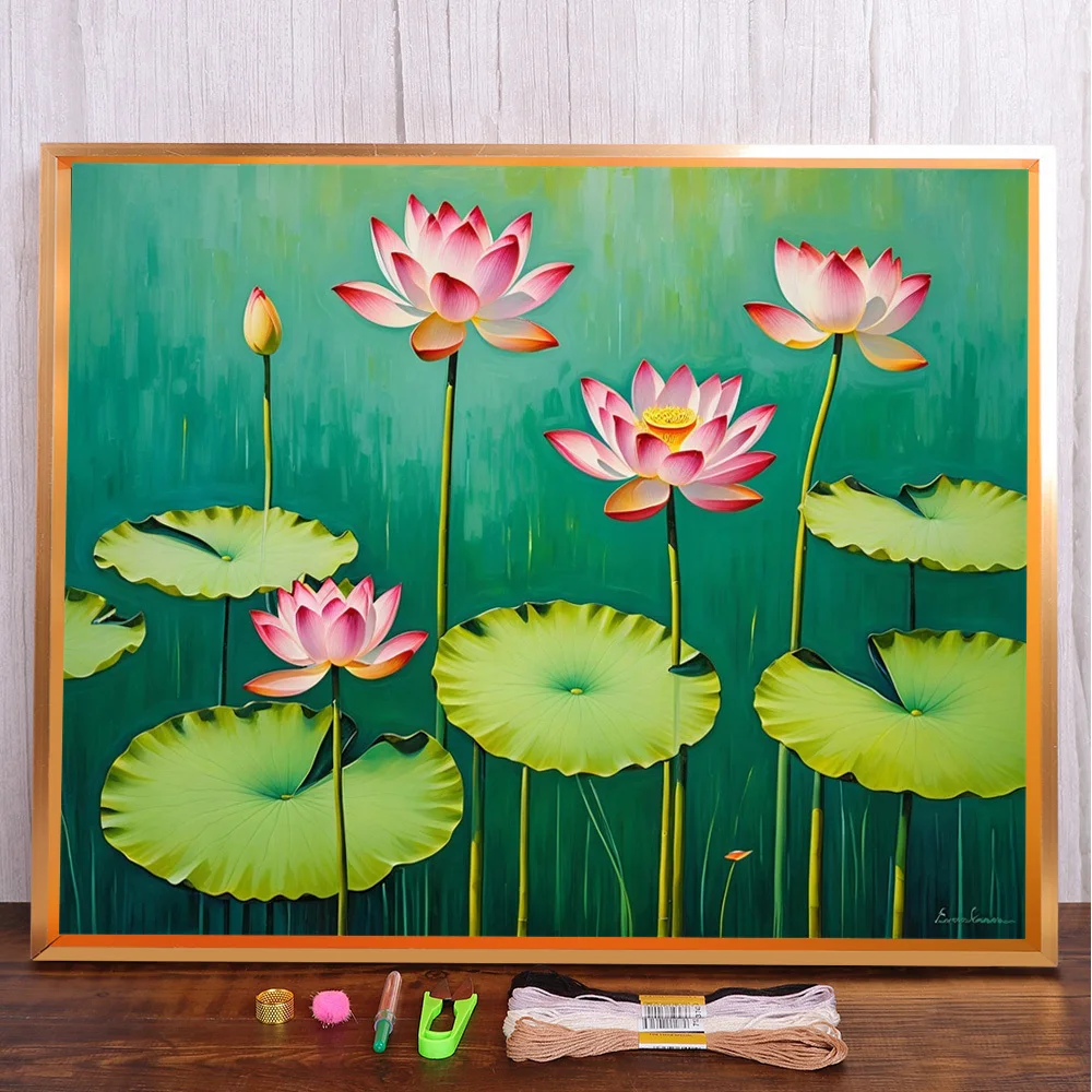 

Flowers Lotus Printed Canvas Cross-Stitch DIY Embroidery Kit Handicraft Handiwork Needlework Craft Home Decor Wholesale Floss