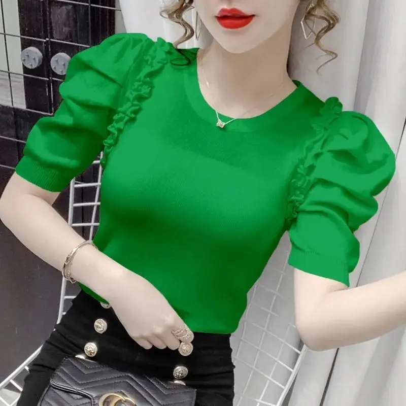 

Fashion O-Neck Spliced Ruffles Puff Sleeve Blouses Female Clothing 2025 Summer New Slim Knitted Korean Tops All-match Shirt