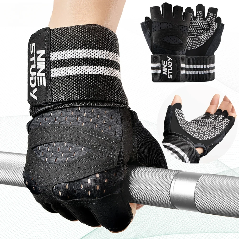 

1 Pair Gym Fitness Gloves with Wristbands Straps Weight Grip Gloves Wrist Brace Protector Anti-Skid WeightLifting Pad Breathable