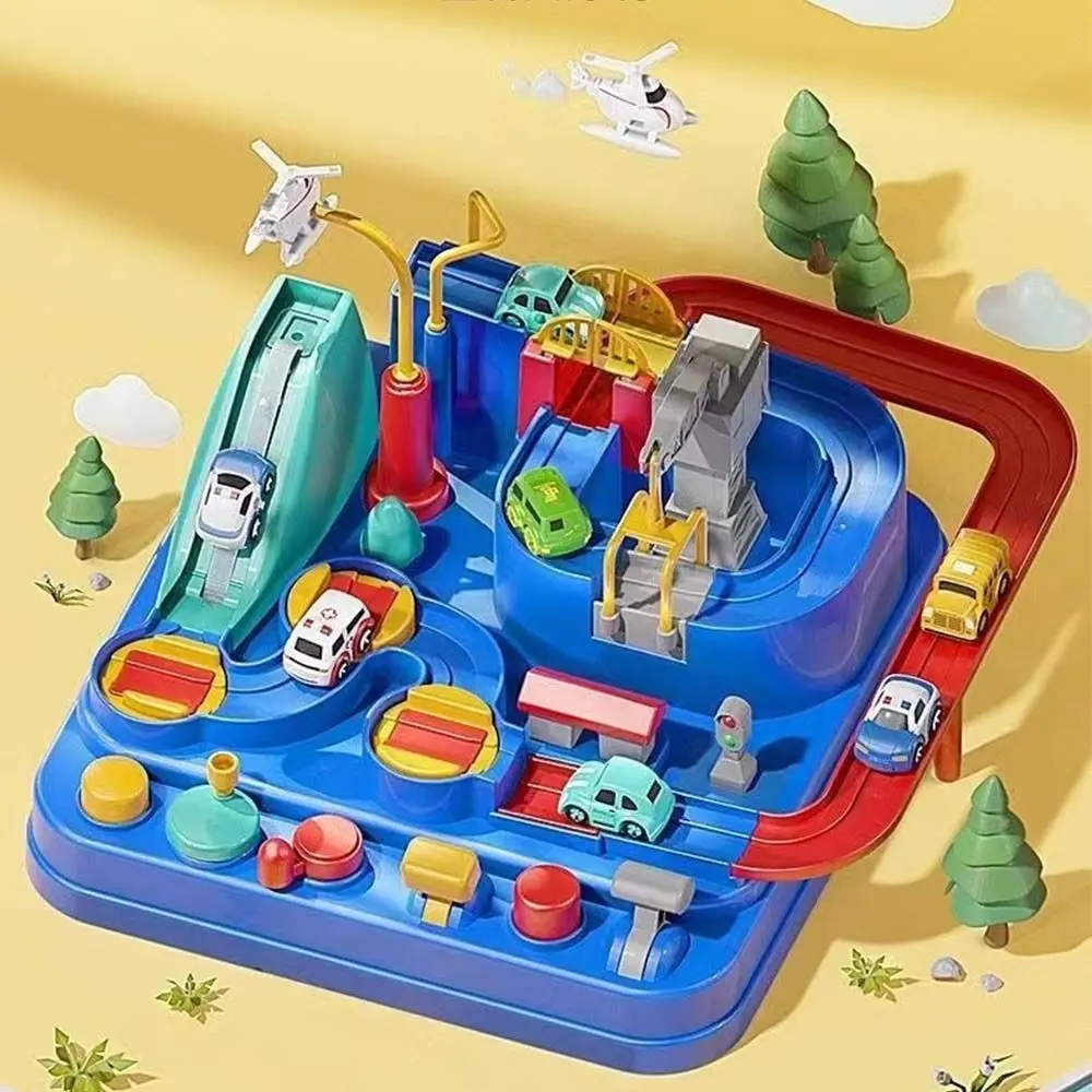 Modelo de carro ferroviário de corrida vermelho e azul, inércia de plástico, desafio de carro, brinquedo de aventura, interação pai-filho, jogo de quebra-cabeça, brinquedos