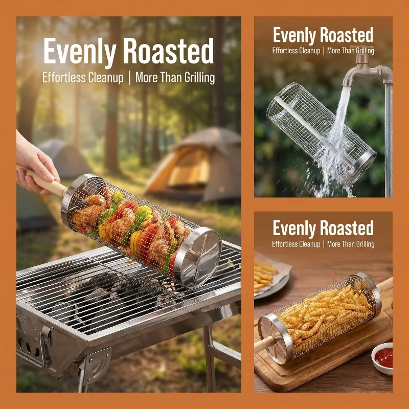 Rolling Grill Basket, Removable Wooden Handle, 304 Stainless Steel, Nesting Grilling Tools, Smoker BBQ Accessories for Vegetable