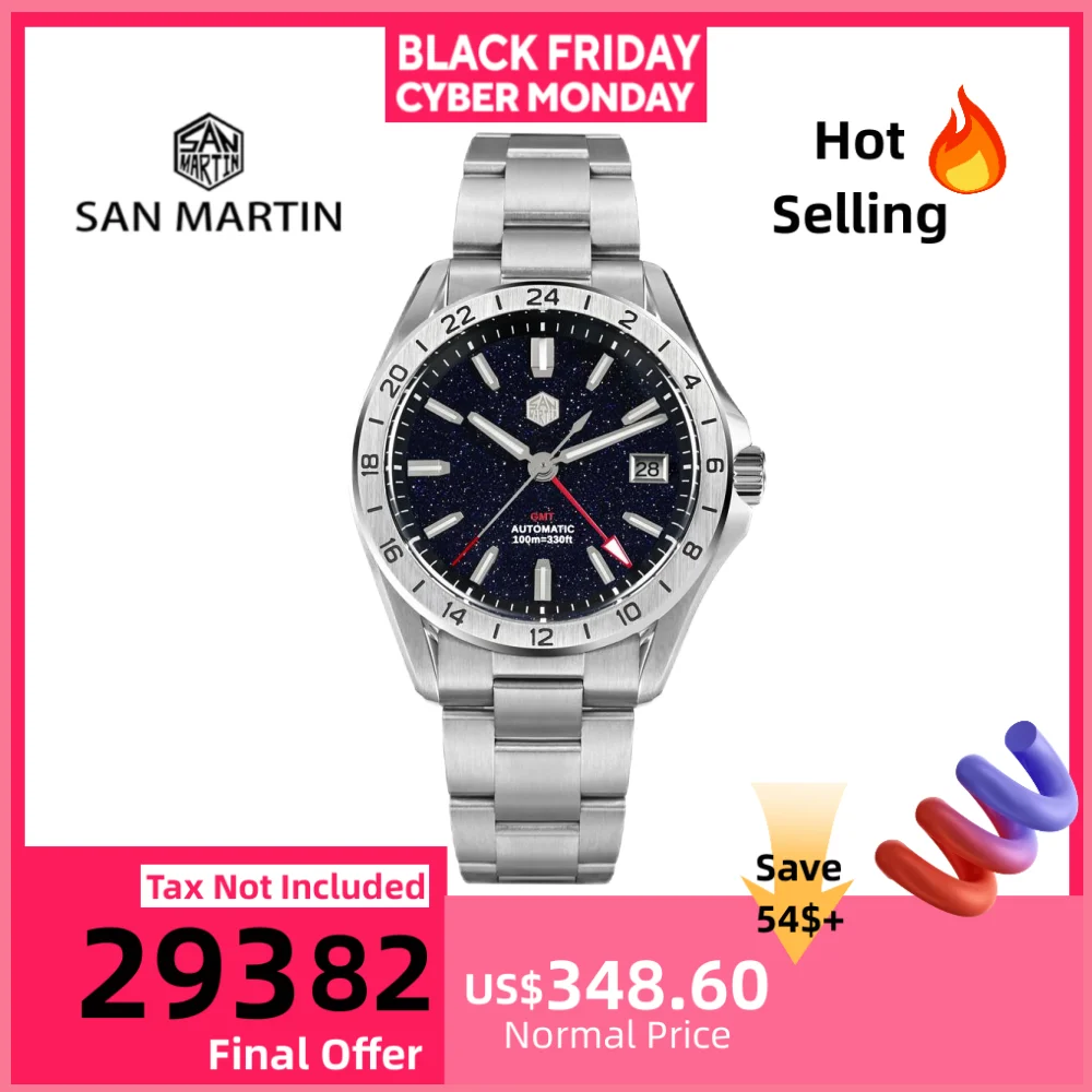 

San Martin 39mm Natural Gemstone Dial Men Watch Mechanical NH34 Automatic GMT Wristwatch Luxury Sapphire BGW-X1 Swim SN0129B