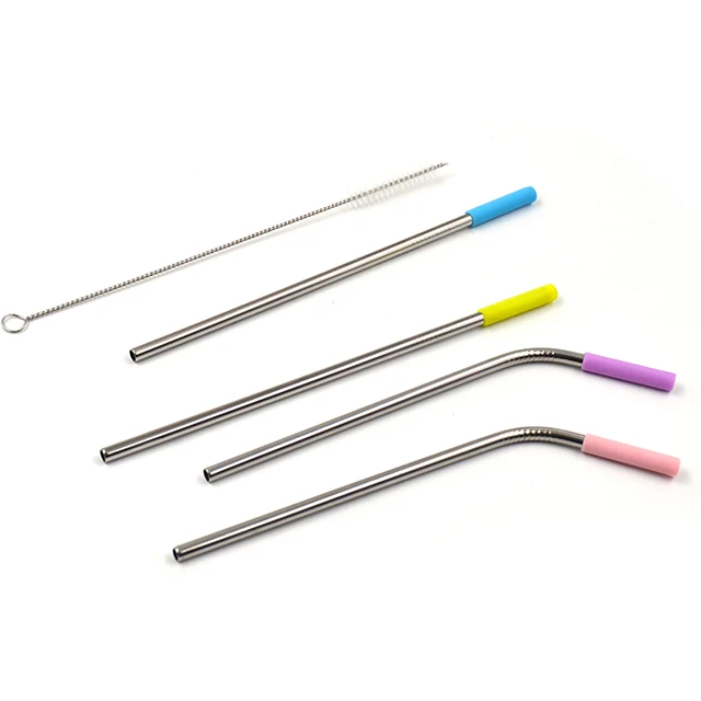 For Daily Reusable Stainless Steel 304 (18/10) Bending Straight Straw Set Metal with Cleaning Brush in Pouch