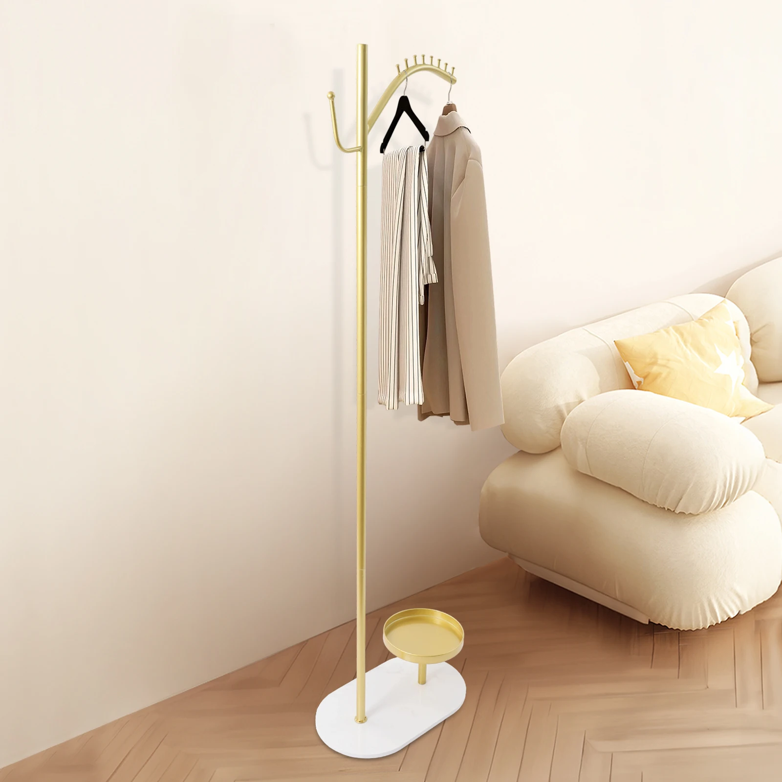 

(Gold-White) Clothing Rack with Marble Base & Tray, Metal Hanging Clothes Rack, Standing Clothes Coat Rack for Bedroom, Entryway