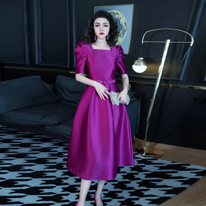 

ZJYT Elegant Midi Cocktail Party Dresses for Women 2024 Spring Summer Puff Sleeve Square Collar Green Black Dress Formal Vestido