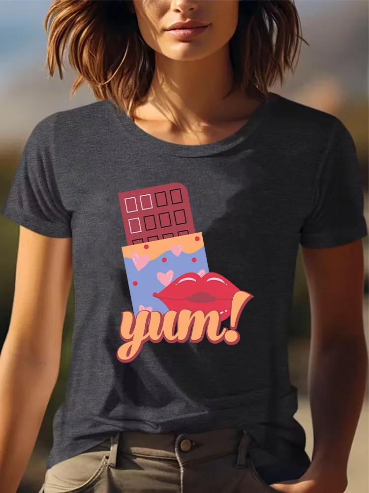 Chocolate Yum Dames Grafisch Casual T-shirt All-Season Wear Korte mouw Ronde hals Grijs T-shirt 180g All-Season Wear