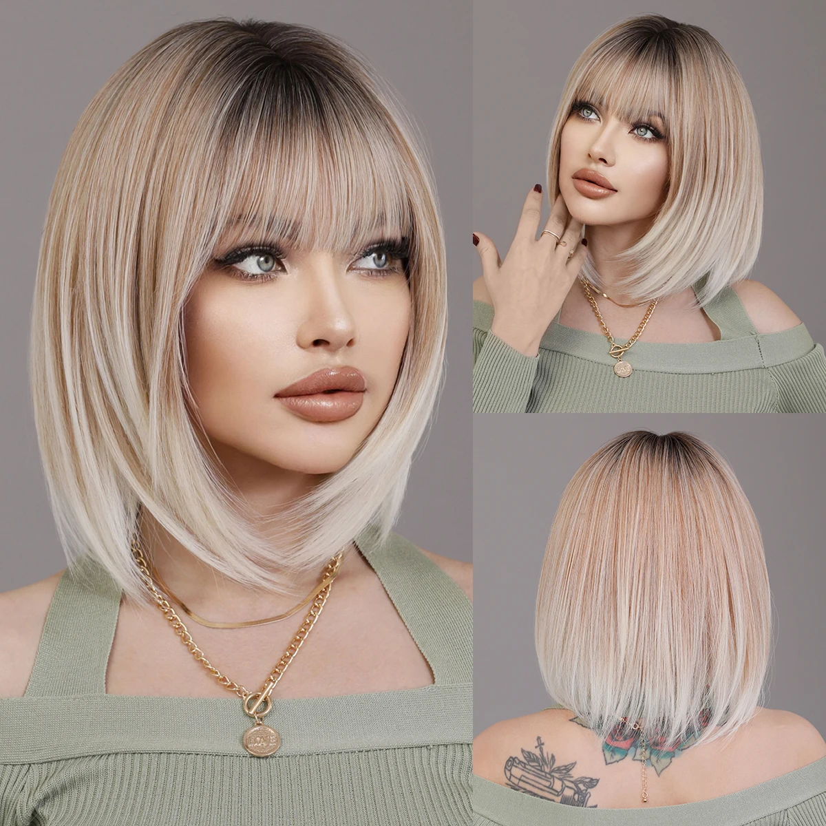 NAMM Ash Ombre Bob Blonde Women Wig for Women Daily Party Short Straight Wigs Synthetic Wigs with Fluffy Bangs Heat Resistant