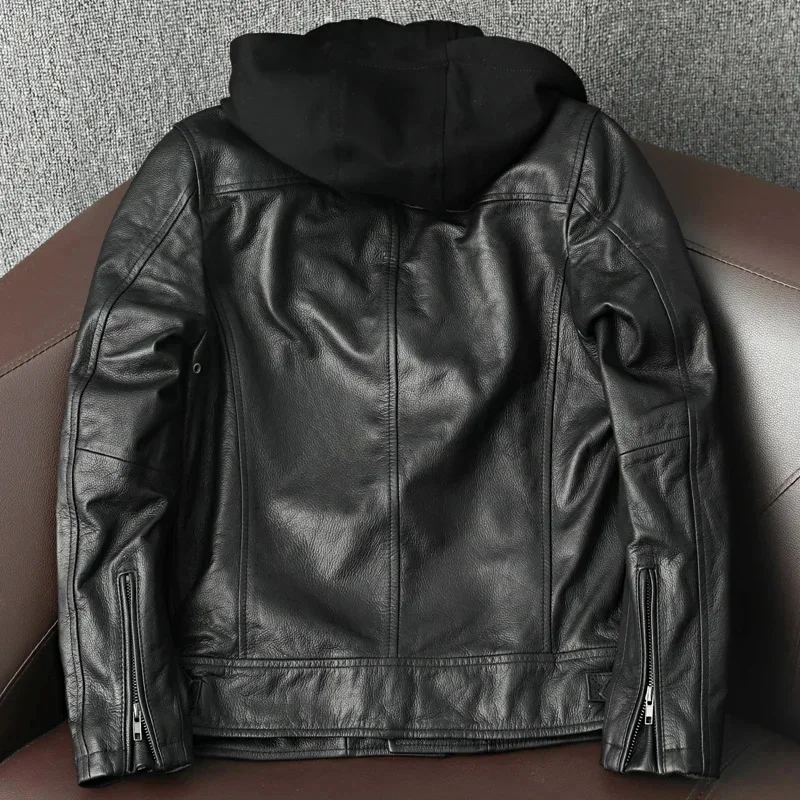 Top Layer Cowhide Leather Jacket 100% Men Remove Hooded Motorcycle Suit Spring and Autumn Black Lapel Flight