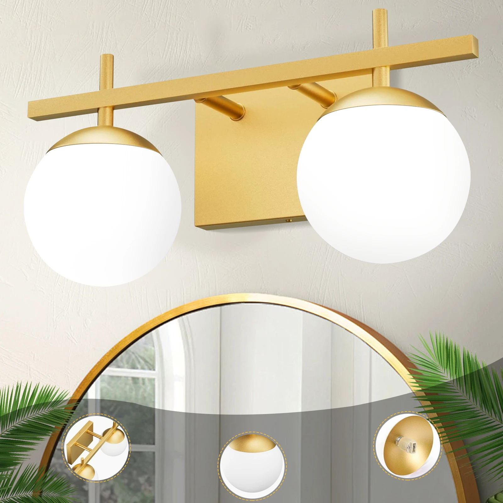 

2-Light Gold Bathroom Light Fixtures, Modern Globe Vanity Lights With Milk Glass Shade For Bathroom