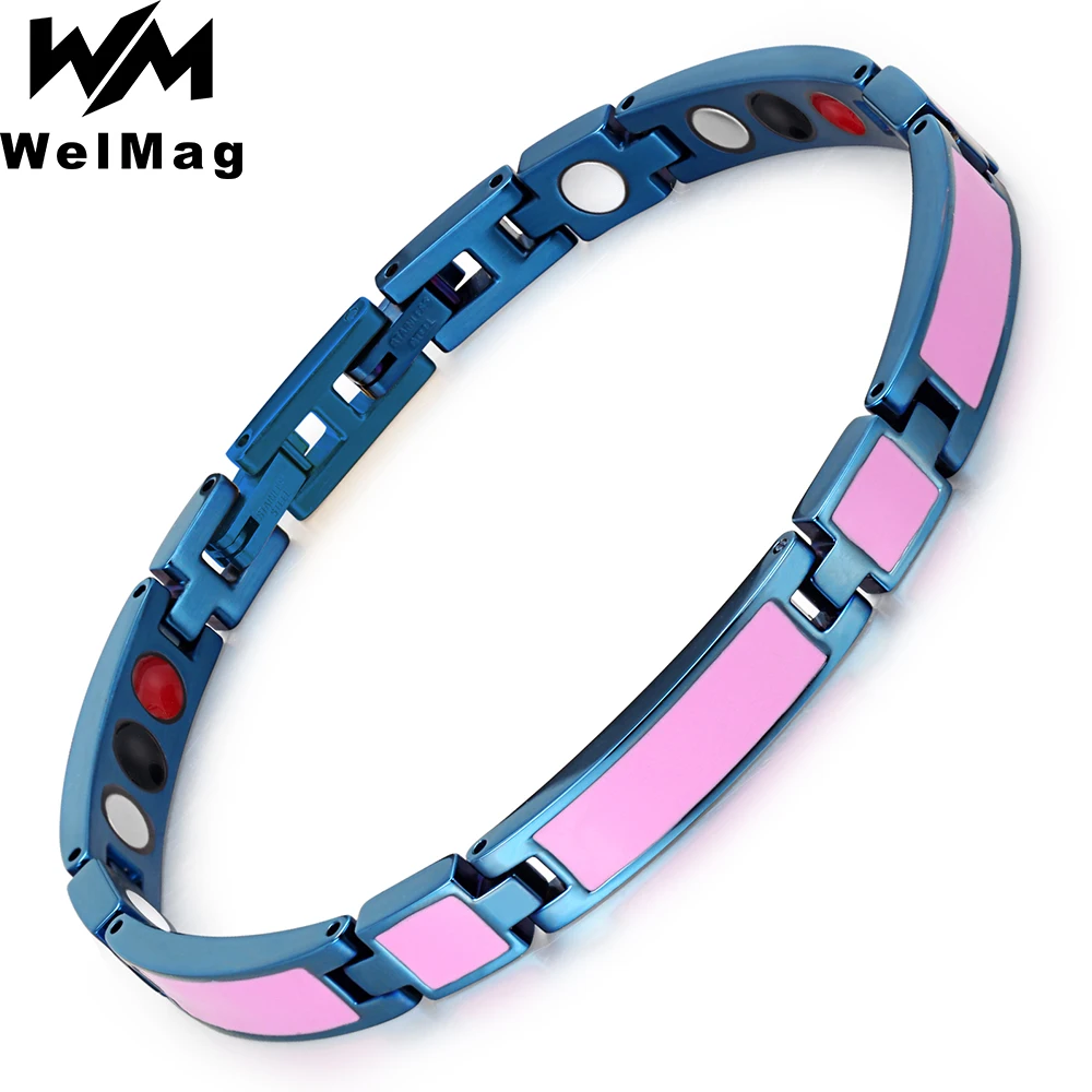 

Welmag Stainless Steel Bracelet For Women Health Blue Pink Bend Magnetic Bracelet Therapy Bio Energy Relief Wrist Pain