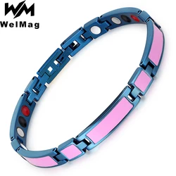 Welmag Stainless Steel Bracelet For Women Health Blue Pink Bend Magnetic Bracelet Therapy Bio Energy Relief Wrist Pain