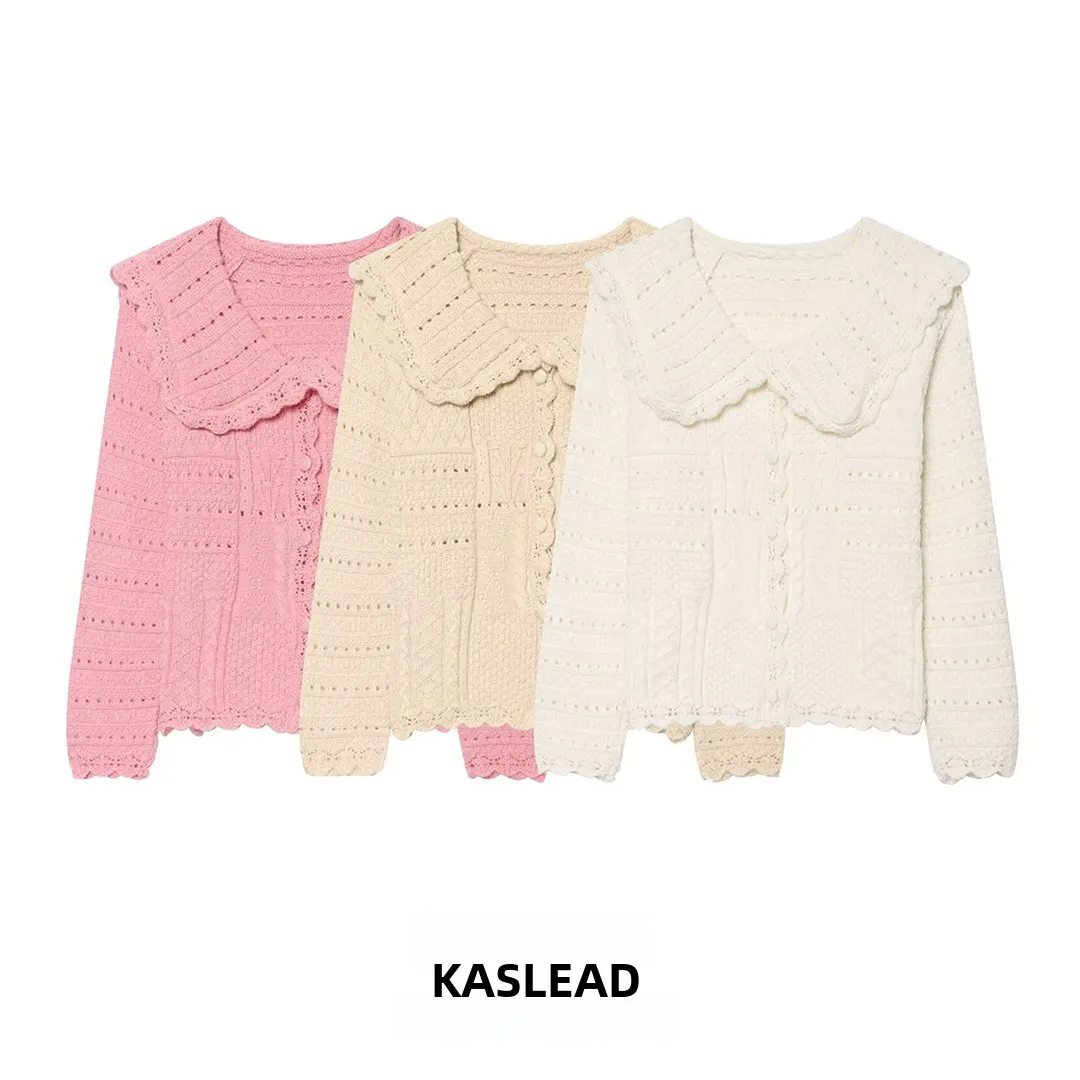 KASLEAD New Fashionable Women's Knitted Sweater Large Collar Wave Wood Ear Trim Versatile Stylish Polyester Fiber Open Cardigan