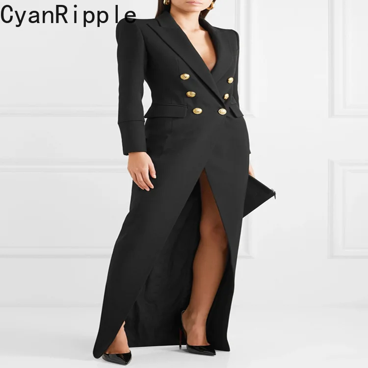 2026 New Spring Autumn Sexy Split Ultra Long Dress Elegant Double-breasted Suit Jacket Back Zip Full Sleeve Slim Trench Coats