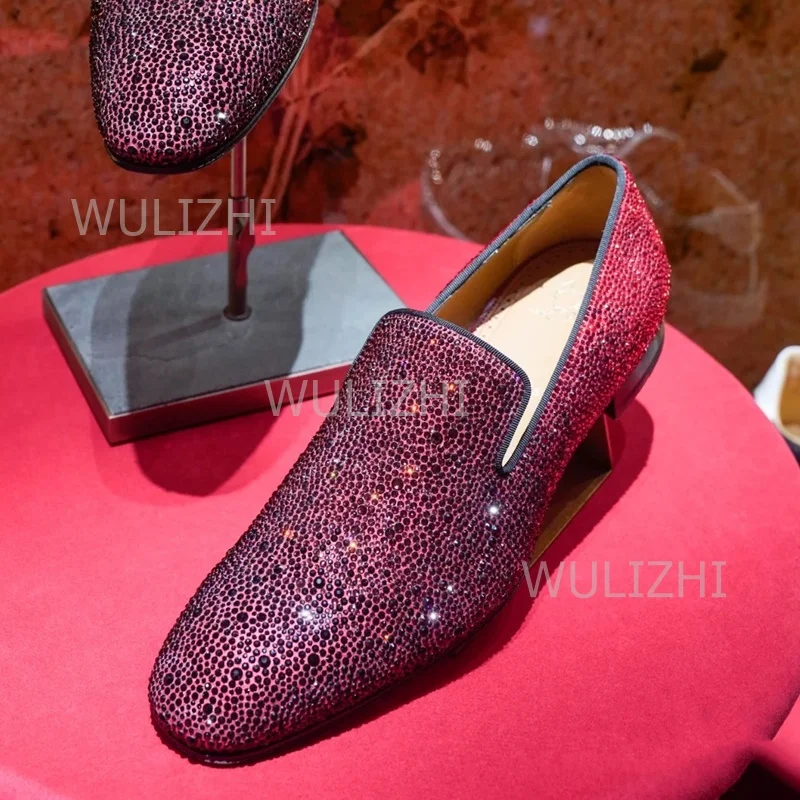 Gold Full Crystal Shiny Men's Loafers Wine Red Black Gradient Oxfords Flat Shoes Party Luxury Clogs Round Toe Casual Print Shoes view 4