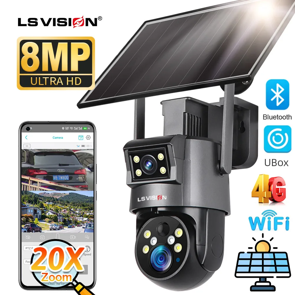 LS VISION 8MP Real 20X Optical Zoom Dual Screen Solar Secutity Camera 4K 4G/WiFi PIR Detection Auto Tracking PTZ Camera Ubox App