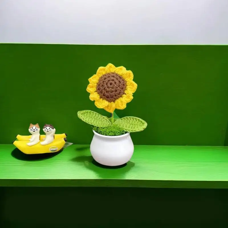 Handmade Crochet Flowers Sunflower Knitted Flower Desk Decorations Decorative Flower Pots Birthday Gift