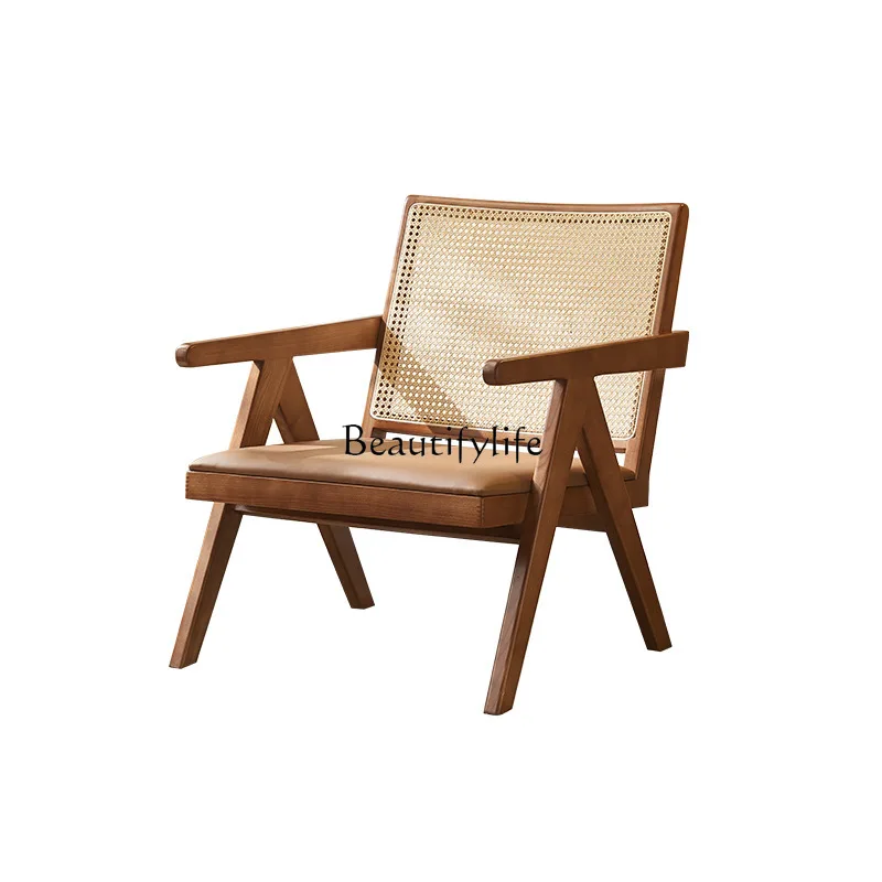 

Nordic solid wood rattan single chair armrest back Japanese leisure chair