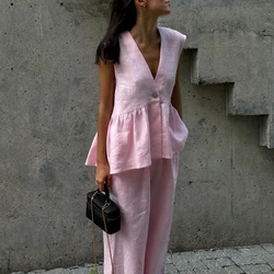 Ladies Casual V Neck Sleeveless Top with Pants 2pc Sets Summer High Street Pocket Loose Outfit Elegant Button Solid Color Suit