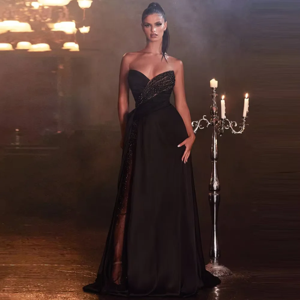 

Customized Side Split Party Gowns Exquisite A-line Prom Dresses Strapless Sweetheart Evening Dresses Chiffon Floor length Skirts