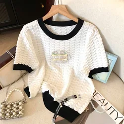 Chinese Style New Summer Fashion Casual Women's Patchwork Hollow Out Button Embroidered Crew Neck Loose Short Sleeve T-shirt Top