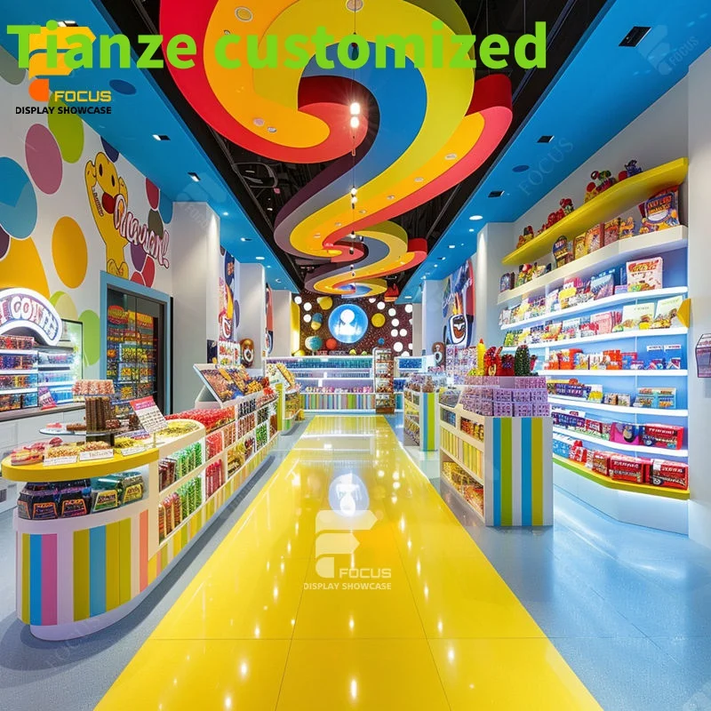 Customized-Factory Manufacturing Snack Wood Counter Display Candylicious Shop Candy Wall Shelves Stands Retail Store