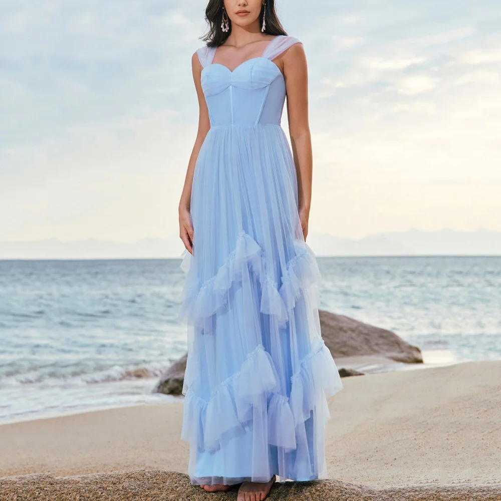 

Customized Elegant Simple Prom Dresses Tank A Line Sweetheart Neck Party Gowns Tulle New Blue Evening Dress Vestidos De Novia