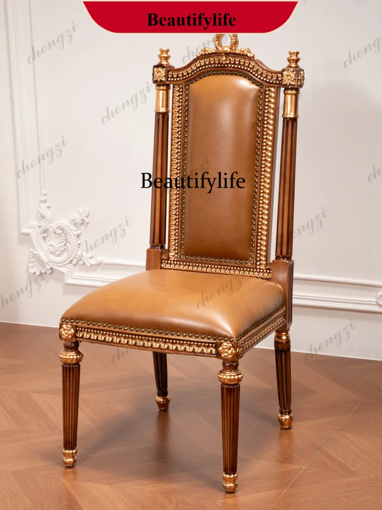 p182 French retro solid wood dining chair European study, dining room back seat Chinese antique light luxury leisure chair