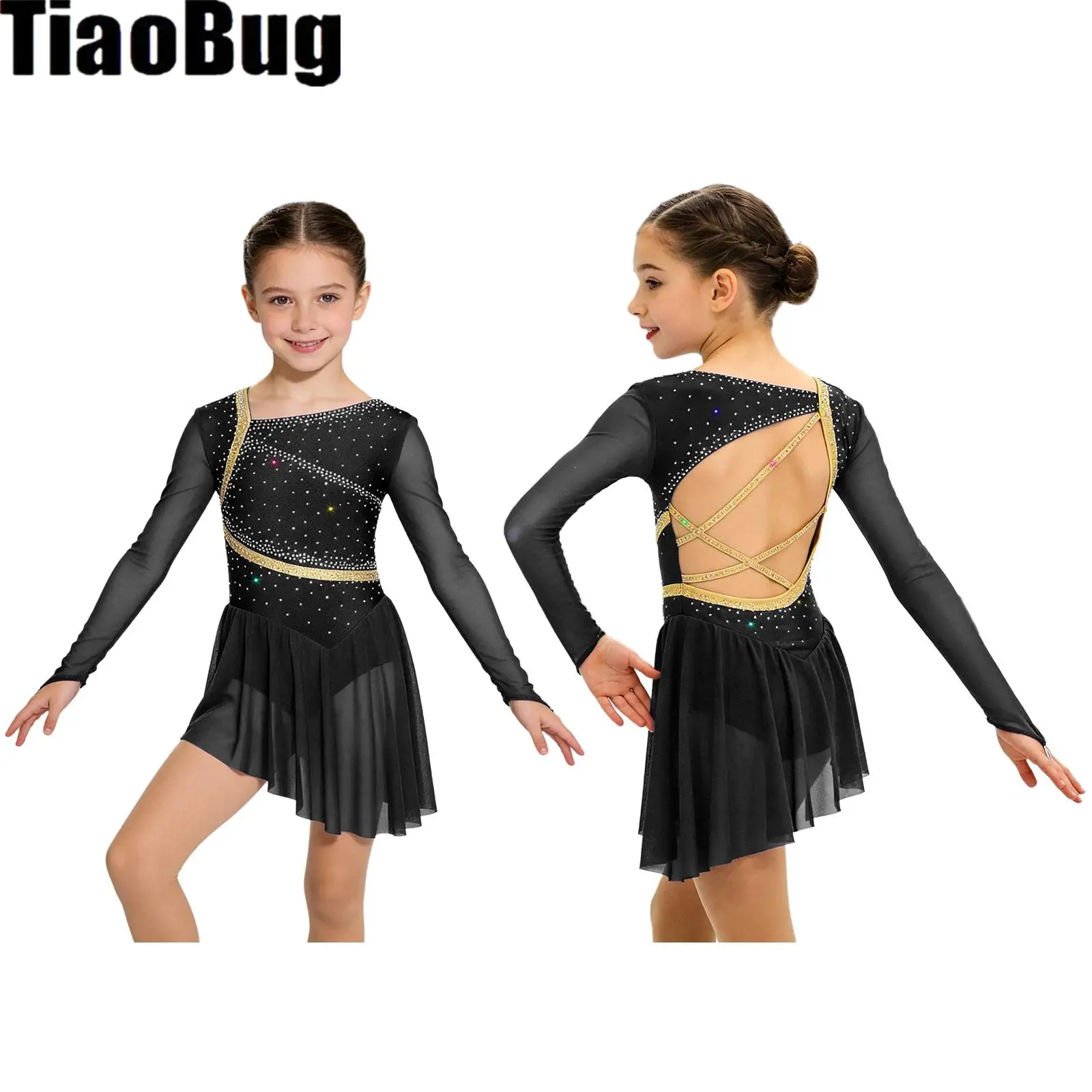 

Kids Girls Figure Skating Ballet Dress Mesh Long Sleeves Strappy Back Shiny Rhinestones Asymmetrical Dress with Built-in Briefs