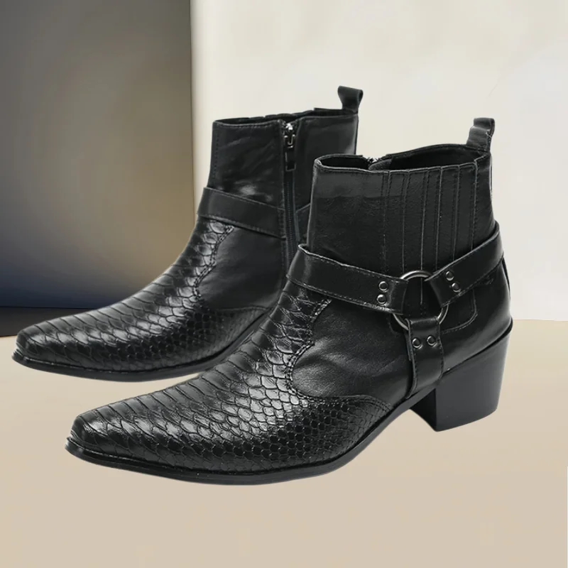 Snake Pattern Shoes for Mens Pointed Toes Chunky High Heels Belts Buckle Males Short Boots Rivets Chassure Hommes Solid Zapatos