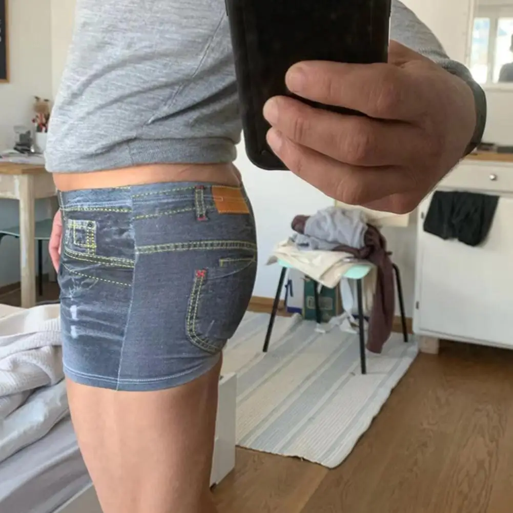 Boxer respirant pour hommes, slip imprimé en 3d avec Imitation jean, ceinture élastique Double face pour le confort
