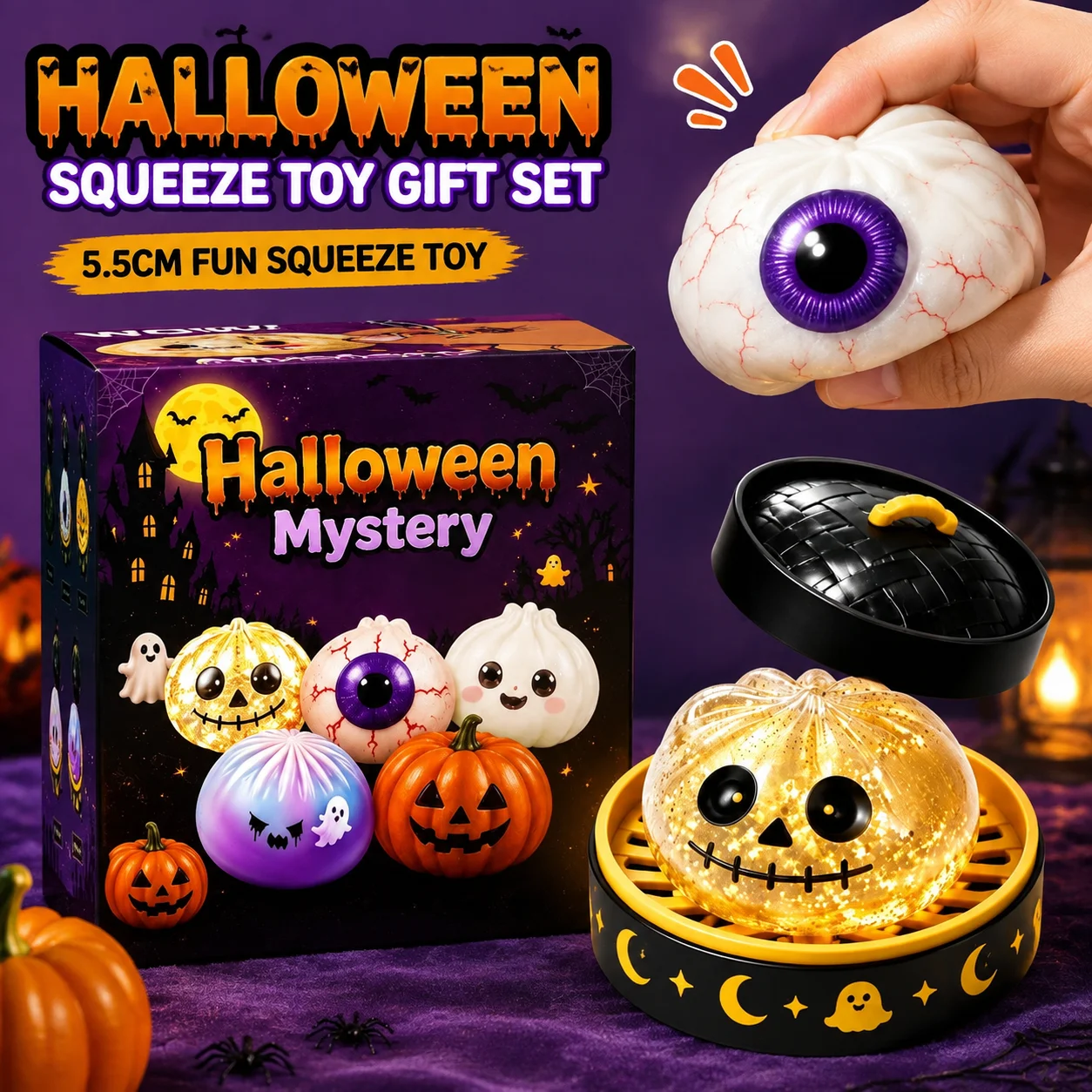 New 5.5cm Halloween Ghost Dumplings Toy Creative Squeeze Decompression Slow Rising Stress Relief Fidget Toy Gift Box Set