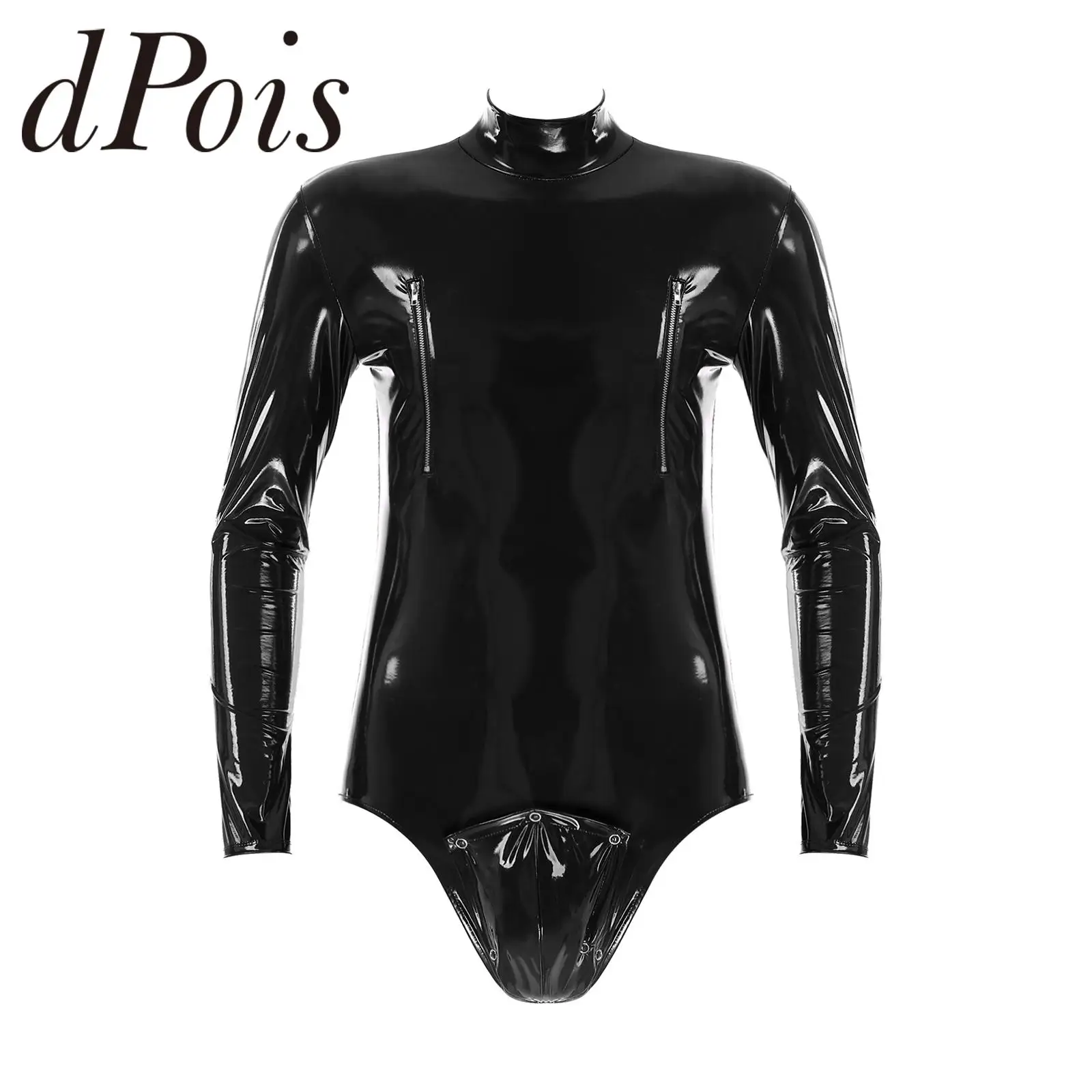 

Mens Fashion Zipper Bodysuit One-Piece Open Crotch Bulge Pouch Patent Leather Long Sleeve Leotard Jumpsuits Sexy Clubwear