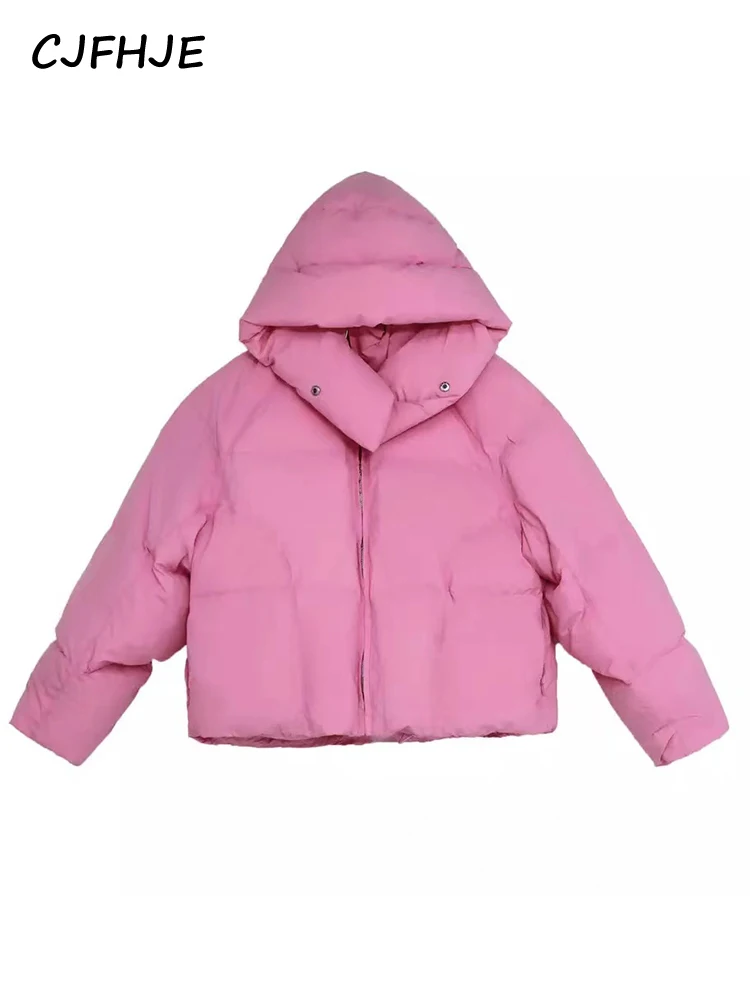 CJFHJE-Chaqueta de plumón de pan con capucha esponjosa para mujer, Chaqueta corta suelta de manga larga, moda coreana gruesa, Color sólido,