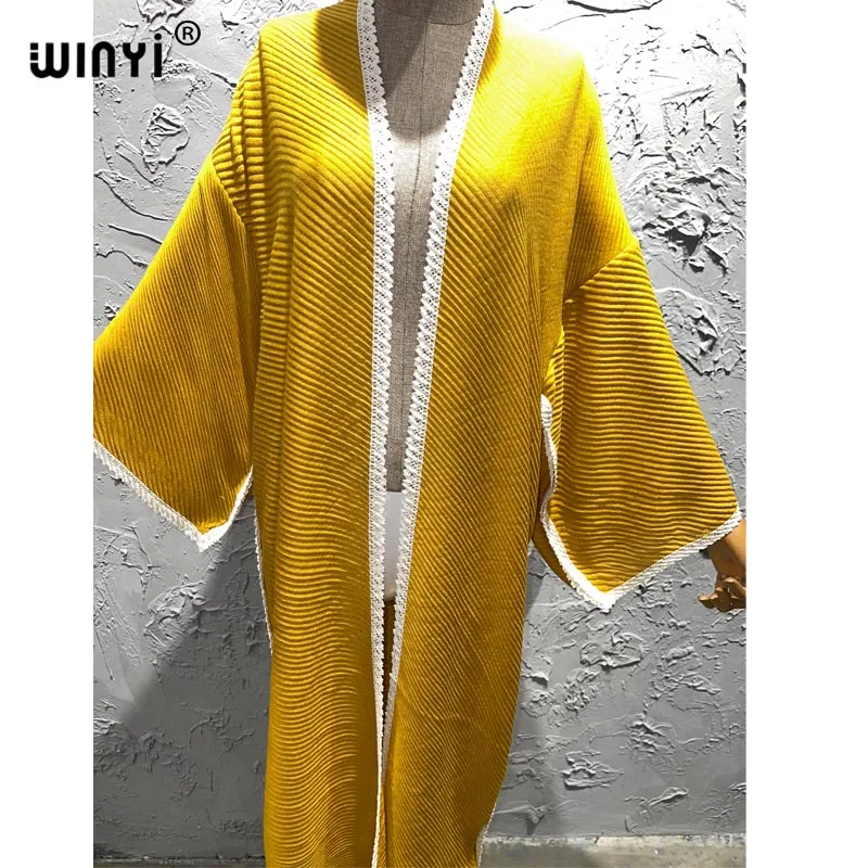 Imagem -02 - Winyi Verão Algodão Vestido Plissado Praia Wear Elegante África Feminino Cardigan Quente Boêmio Festa de Férias Kimono Kaftan