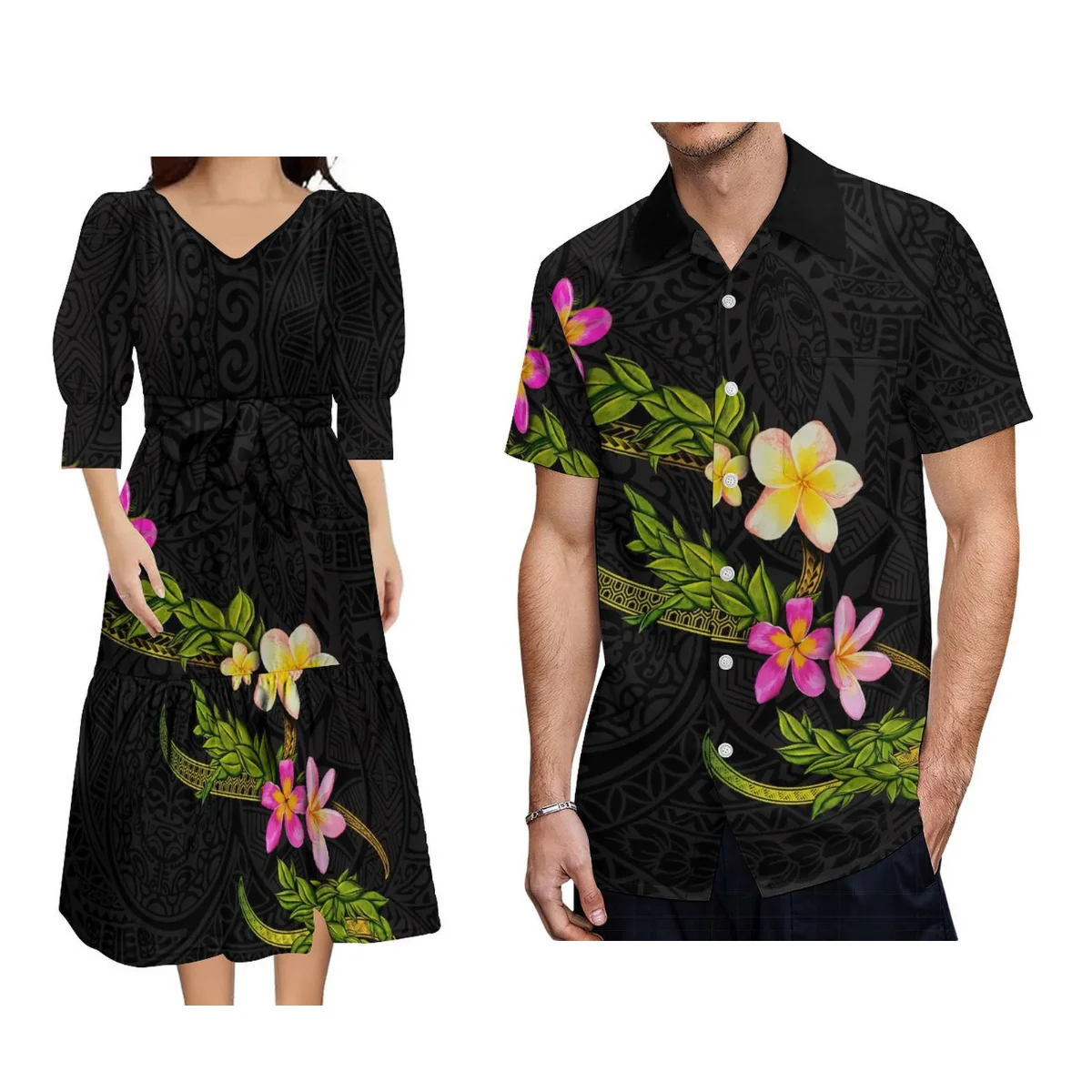 Vestido polinesiano con cuello en V para mujer, manga de burbuja, camisa Aloha Hawaiana para hombre, ropa de pareja de verano de Fiyi