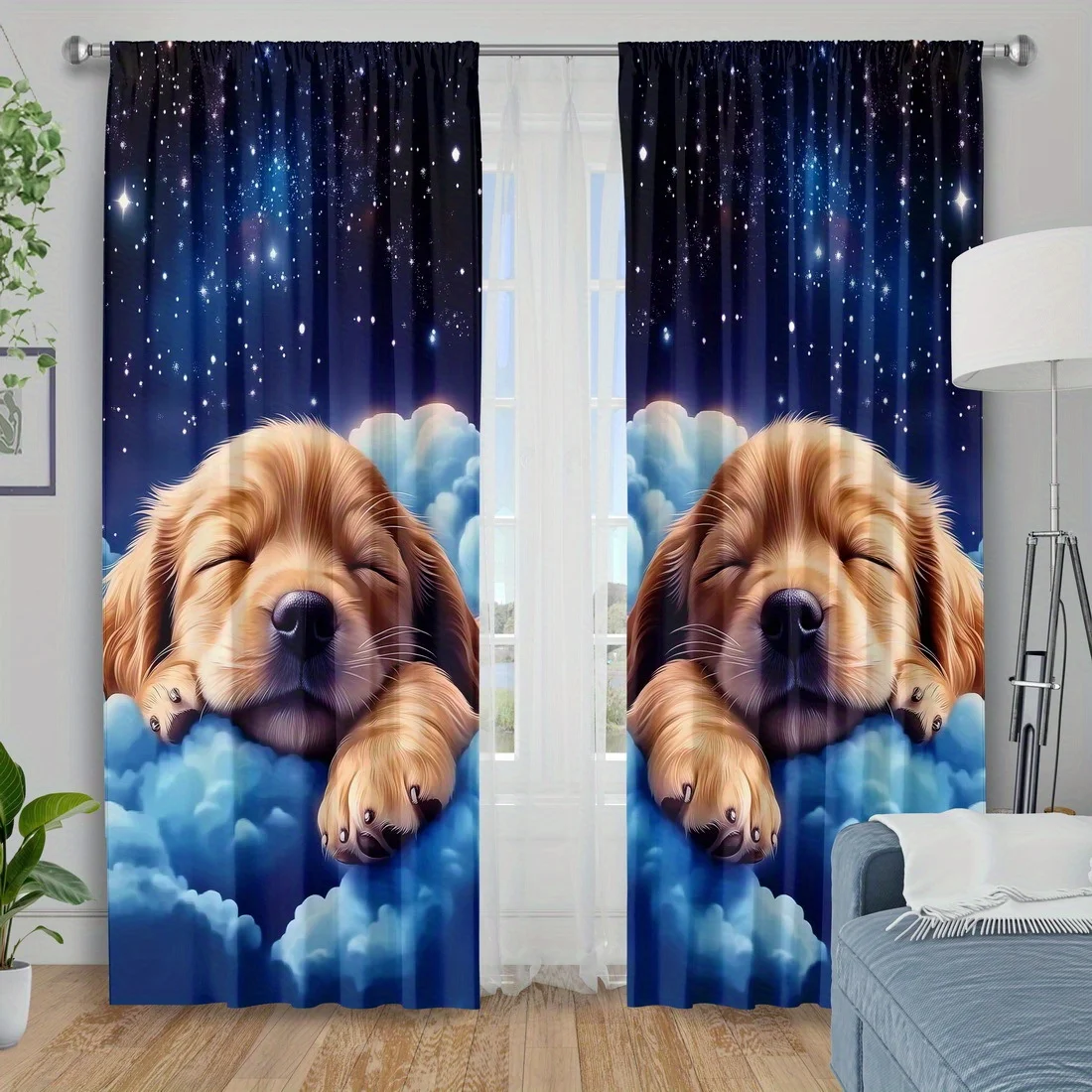 Cute Sleeping Puppy on Clouds Curtains, Dreamy Starry Sky Print Blackout Drapes for Kids Room, Sweet Dog Home Decor