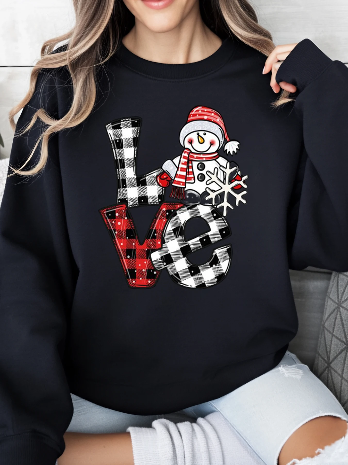 

Рождественский свитшот в клетку Snowman Love с принтом, женская повседневная зимняя праздничная одежда, черный, больших размеров