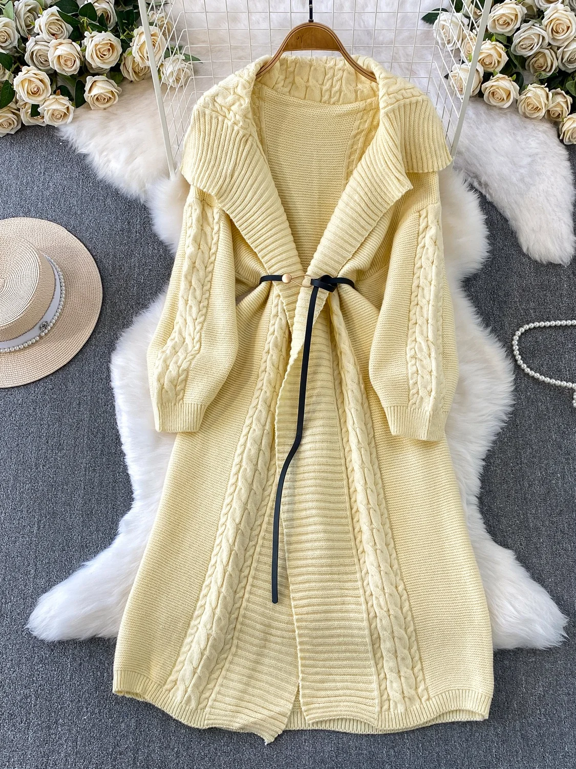 

Свободное корейское зимнее платье с поясом и накидкой на плечи, женская вязаная длинная юбка с высокой талией и плетеным узором, модное