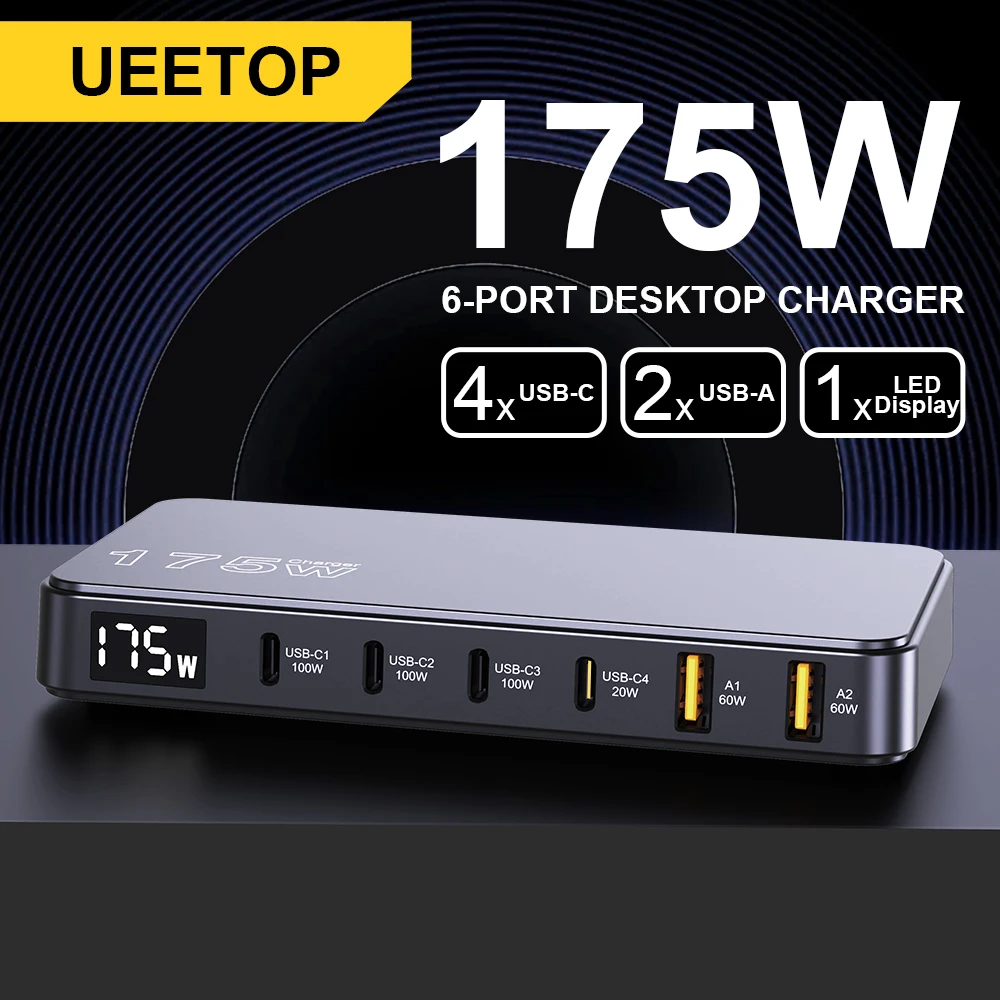 Ueetop 175W GaN USB C Ładowarka z wyświetlaczem LED 6-portowa ładowarka biurkowa typu C PD 100W PPS 45W Szybkie ładowanie dla MacBook Samsung iPhone
