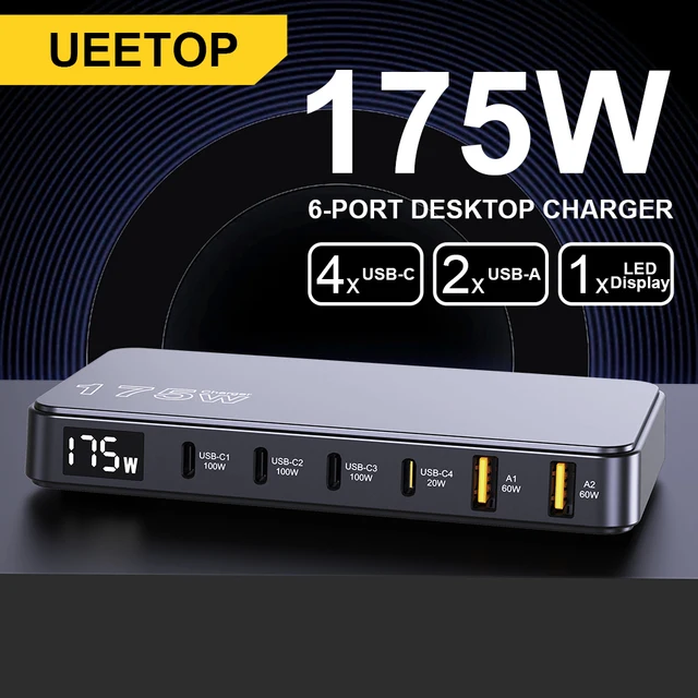 Ueetop 175W GaN USB C Ładowarka z wyświetlaczem LED 6-portowa ładowarka biurkowa typu C PD 100W PPS 45W Szybkie ładowanie dla MacBook Samsung iPhone