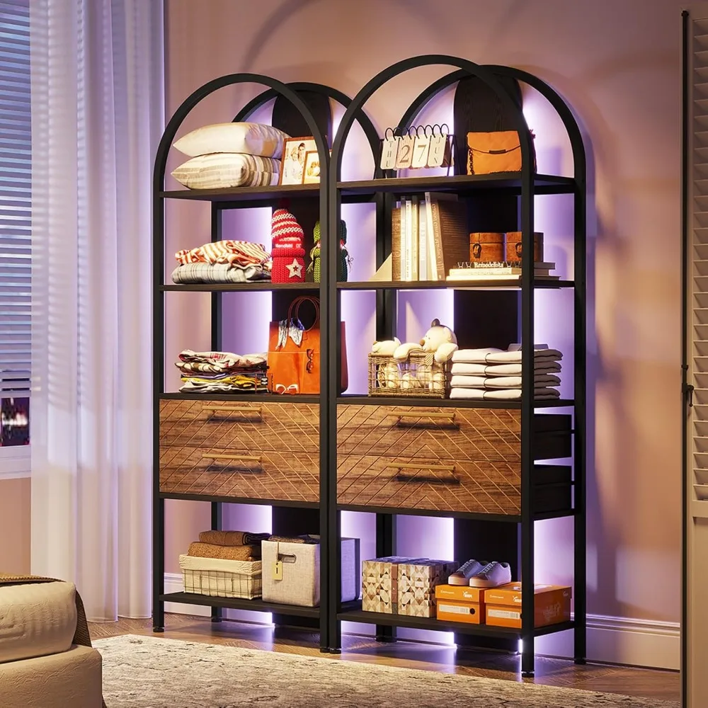 4-Tier Bookshelf with 2 Drawers, Industrial Open Book Shelf Arched Bookcase, 70.8