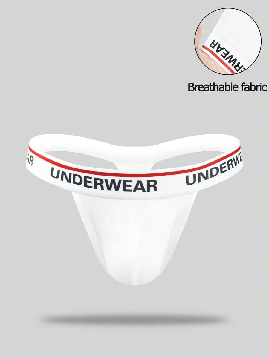

Men's White Breathable Fabric Thong with Bold Letter Waistband
