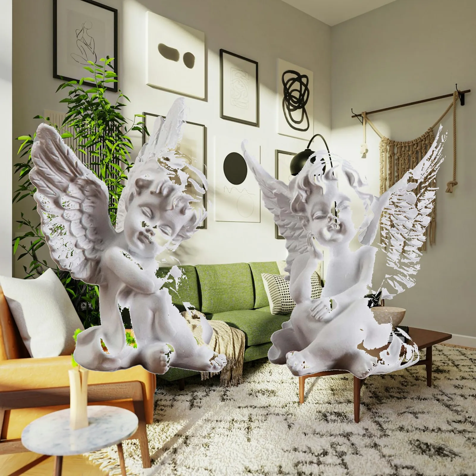 2x Miniature Cherubs Angels Statue Resin Modern Handmade Adorable Small Mini Art Ornaments for Indoor Outdoor Living Room Garden