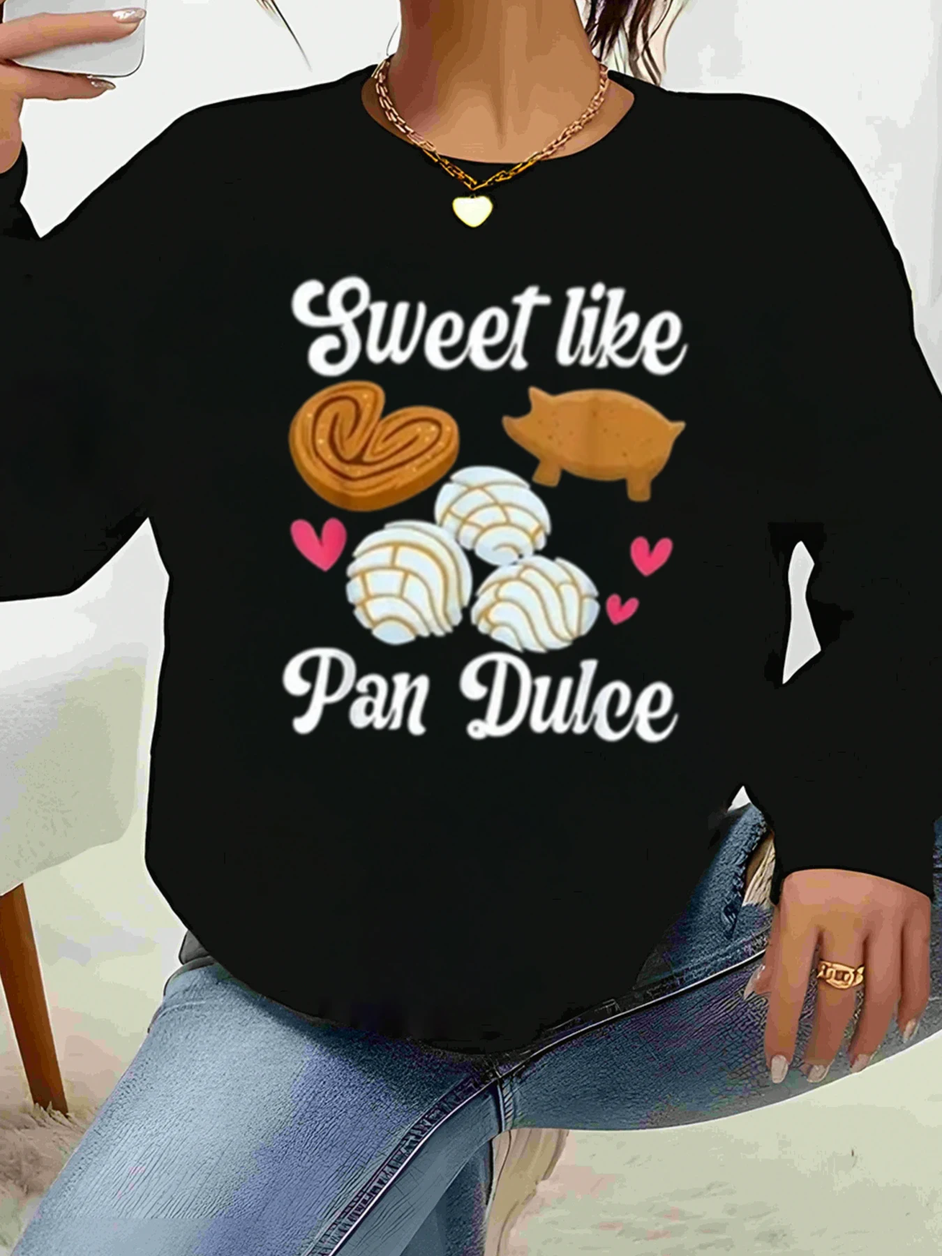 Top de manga larga con estampado Sweet Like Pan Dulce, ropa informal de Halloween para mujer