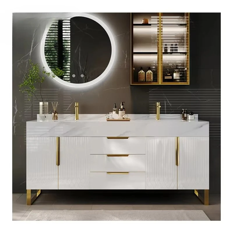

Modern Wooden Panel Bathroom Dresser Furniture with Single and Double Sinks and Hotel Bathroom Mirrored Vanity