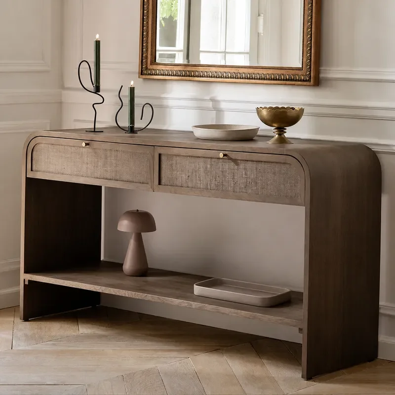 Rattan Entrance Cabinet Solid Wood Partition Table Foyer Storage Console for Home Decoration Villa Hallway Shoe Organizer